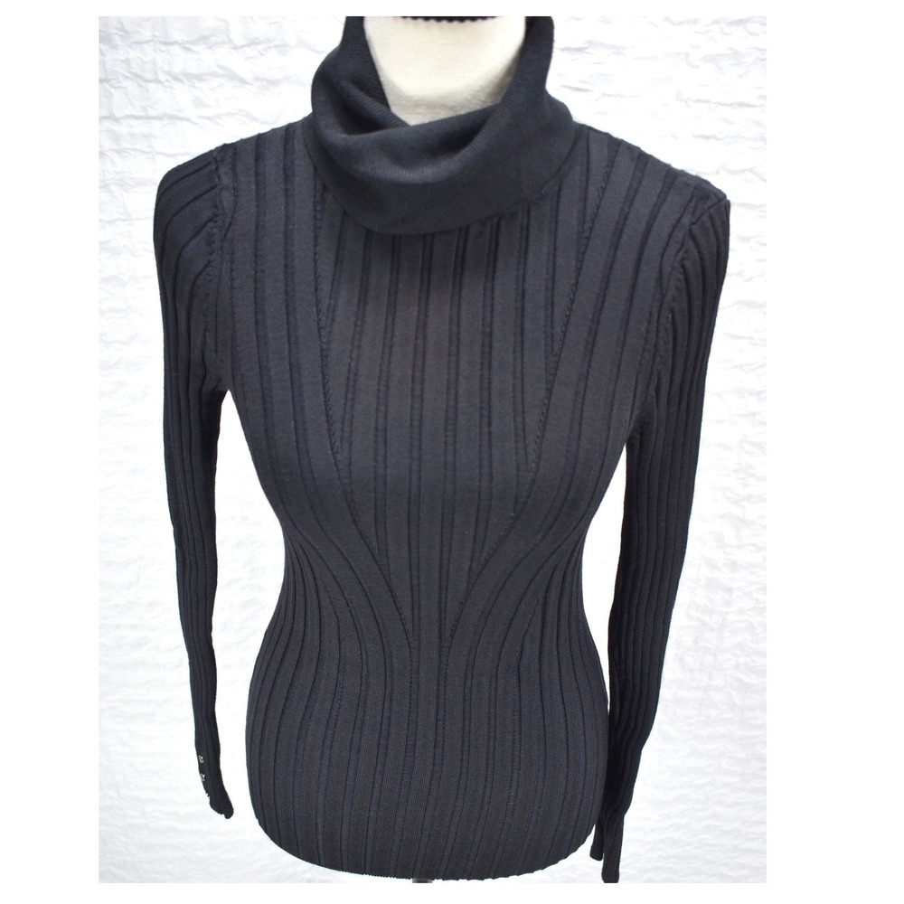 White House Black Market Black Ribbed Turtleneck Sweater Button Cuff Small